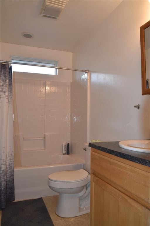 full bathroom with toilet, vanity, shower / bathtub combination with curtain, and tile patterned flooring