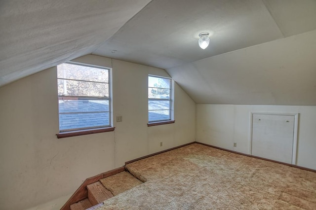 additional living space with vaulted ceiling and carpet flooring