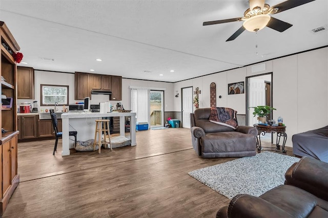 living room featuring ceiling fan and wood-type flooring