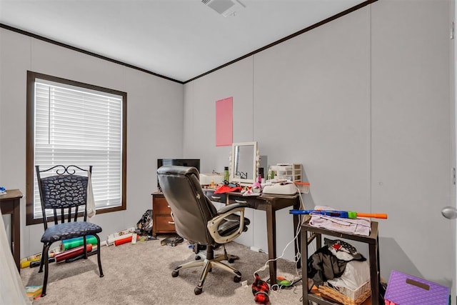 carpeted office featuring ornamental molding