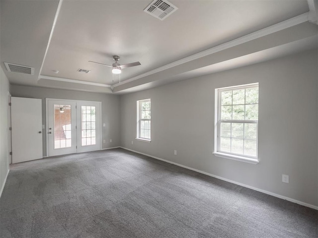 spare room with a raised ceiling, ceiling fan, ornamental molding, and carpet flooring