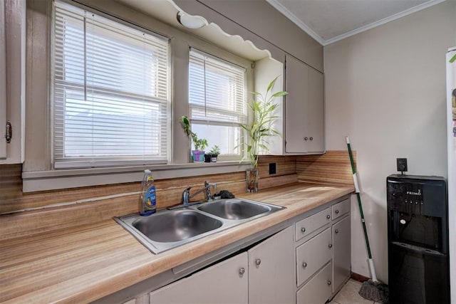 kitchen featuring sink, crown molding, and white cabinetry