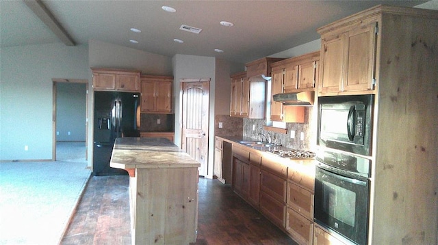 kitchen with black appliances, a kitchen island, light brown cabinets, sink, and dark hardwood / wood-style floors