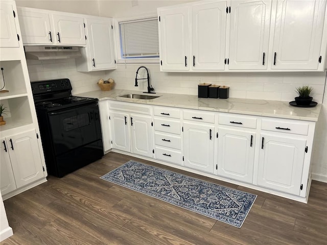 kitchen with black range with electric stovetop, sink, white cabinets, dark hardwood / wood-style flooring, and light stone counters