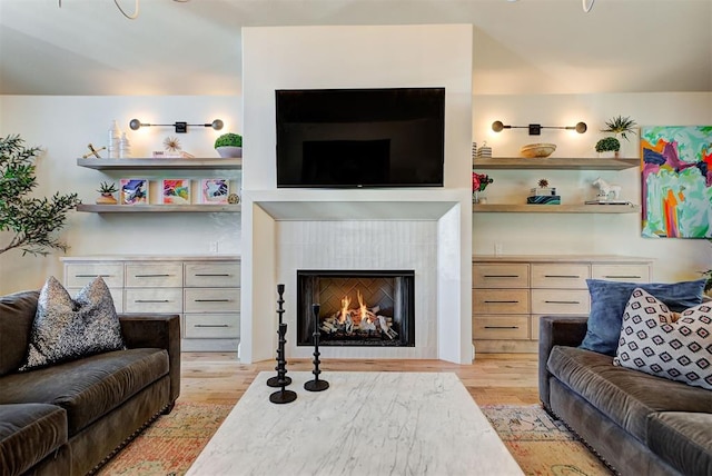 living room with light hardwood / wood-style flooring and a fireplace