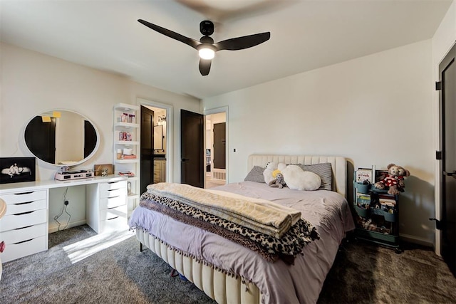 bedroom with dark carpet and ceiling fan