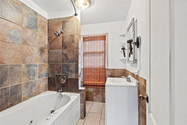 bathroom featuring tile patterned floors,  shower combination, tile walls, and vanity