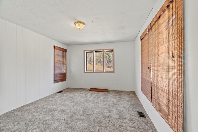 empty room with carpet flooring and wooden walls