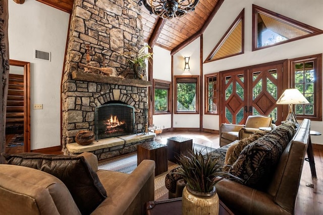 living room with wood ceiling, high vaulted ceiling, a fireplace, and hardwood / wood-style floors