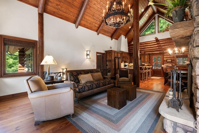 living room with wood-type flooring, a notable chandelier, and wood ceiling