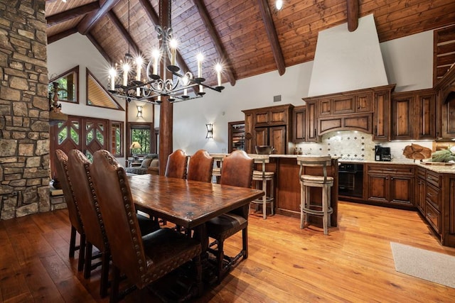 dining area with an inviting chandelier, high vaulted ceiling, light hardwood / wood-style floors, and wooden ceiling