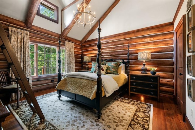 bedroom with beamed ceiling, dark hardwood / wood-style flooring, an inviting chandelier, and high vaulted ceiling