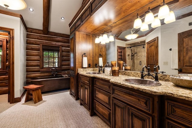 bathroom featuring vanity, rustic walls, plus walk in shower, and beamed ceiling