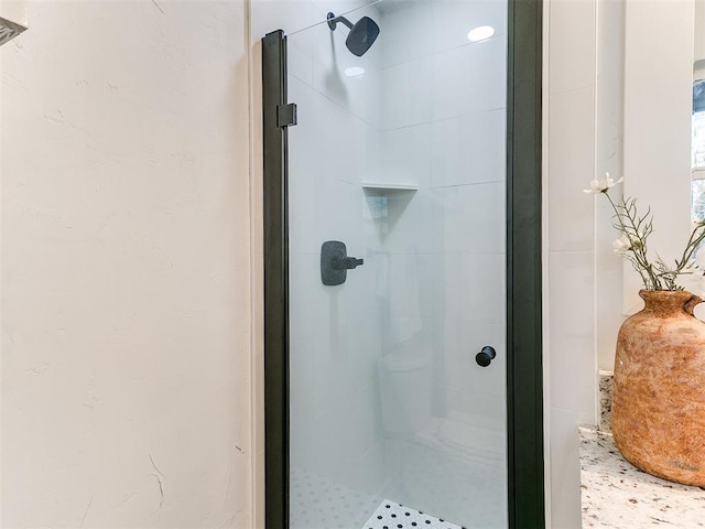 bathroom featuring a shower with shower door