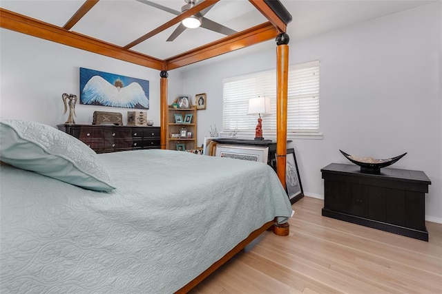 bedroom featuring ceiling fan and light hardwood / wood-style flooring