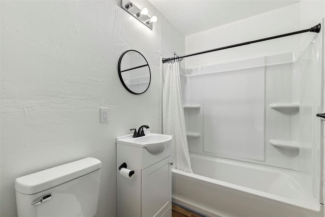 full bathroom with toilet, vanity, and shower / bath combination with curtain