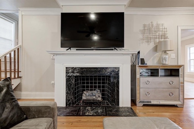 interior details with hardwood / wood-style floors, a high end fireplace, and ornamental molding