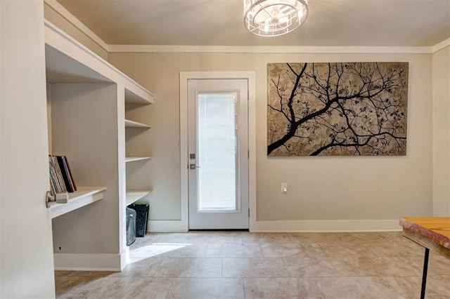 doorway to outside featuring light tile patterned floors, crown molding, and a chandelier