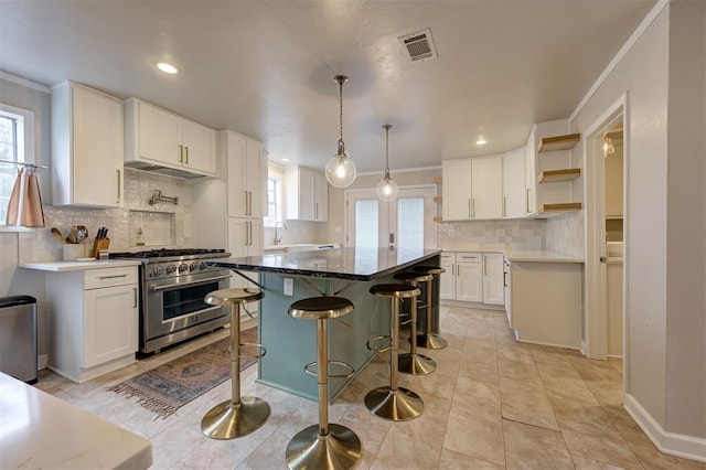 kitchen with white cabinetry, high end stainless steel range, a kitchen bar, and a kitchen island