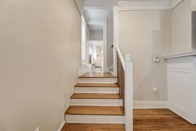 stairway with wood-type flooring and crown molding