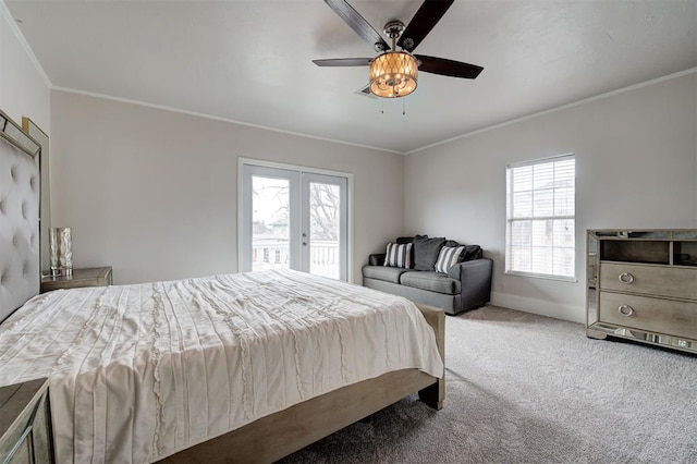 bedroom with ceiling fan, carpet, and crown molding