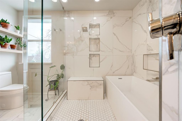 2225 NW 16th St, Oklahoma City, OK 73107 - bathroom with toilet, a baseboard heating unit, and plus walk in shower