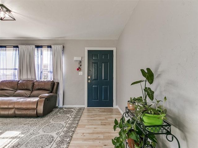 entrance foyer featuring vaulted ceiling and light hardwood / wood-style floors