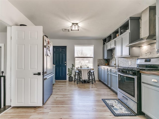 kitchen with stainless steel appliances, wall chimney exhaust hood, gray cabinetry, and backsplash