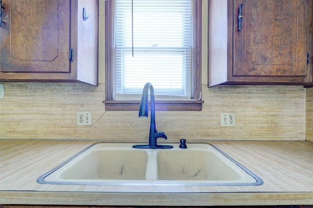 interior details featuring tasteful backsplash and sink