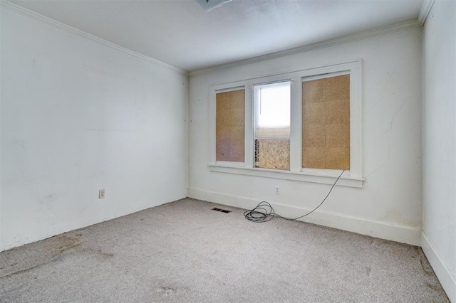 spare room featuring ornamental molding and carpet flooring