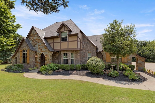 tudor home with brick siding, stone siding, roof with shingles, stucco siding, and a front lawn