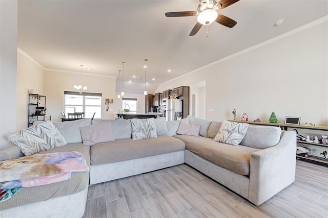 living room featuring ceiling fan and ornamental molding