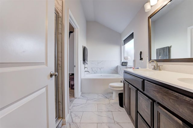 bathroom featuring vaulted ceiling, a bathing tub, toilet, and vanity