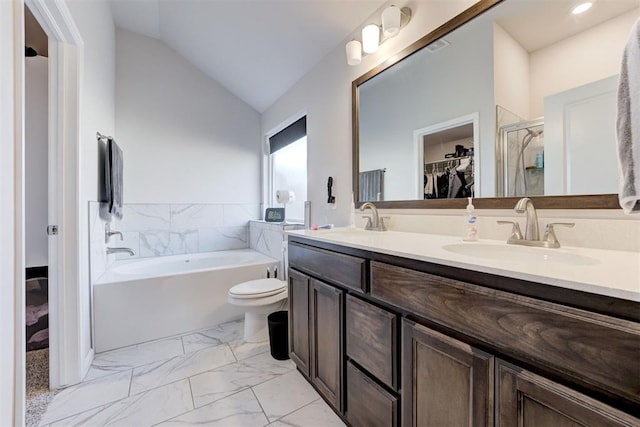 full bathroom with toilet, vanity, separate shower and tub, and vaulted ceiling