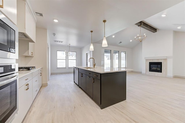 kitchen featuring white cabinetry, stainless steel appliances, sink, and an island with sink