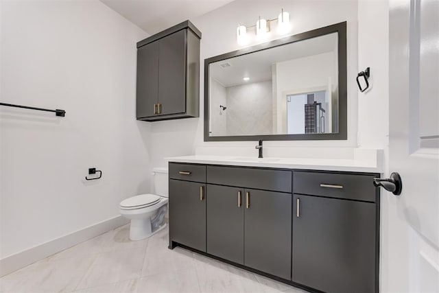 bathroom with walk in shower, vanity, and toilet