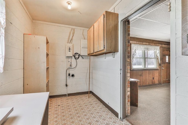 bathroom with a drop ceiling and wood walls