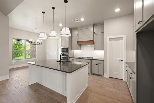 kitchen with pendant lighting, appliances with stainless steel finishes, an island with sink, sink, and gray cabinets