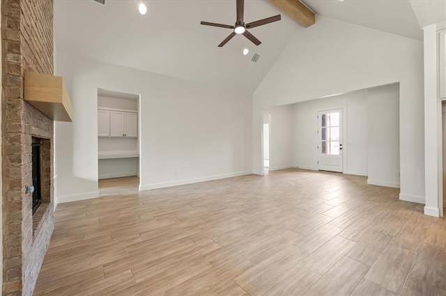 unfurnished living room featuring ceiling fan, visible vents, a fireplace, high vaulted ceiling, and beamed ceiling