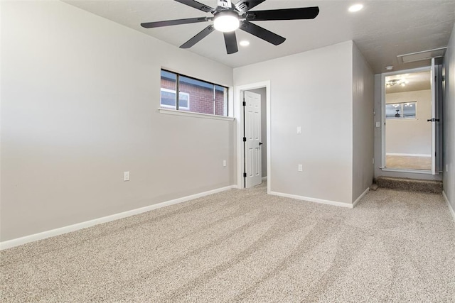 unfurnished bedroom with recessed lighting, baseboards, light carpet, and ceiling fan