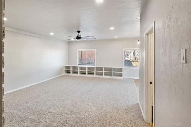 unfurnished room with recessed lighting, baseboards, ceiling fan, and carpet flooring