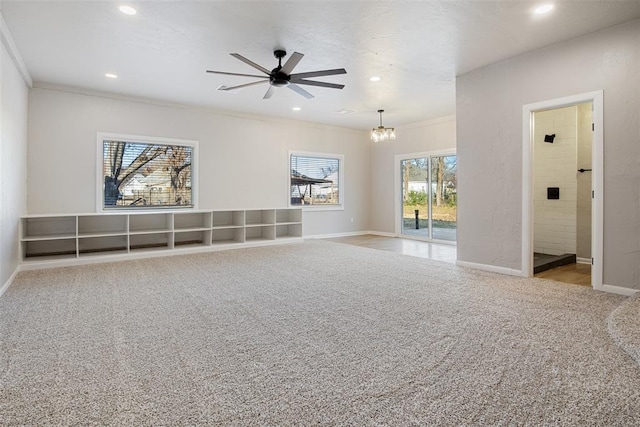 unfurnished room featuring recessed lighting, baseboards, carpet floors, and ornamental molding