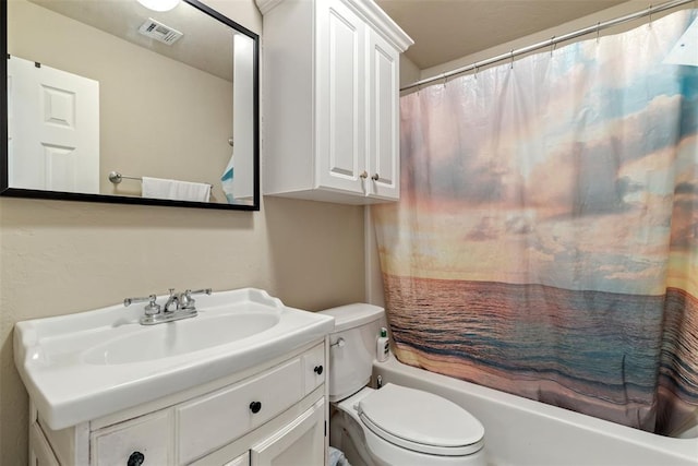 full bathroom featuring toilet, vanity, and shower / tub combo with curtain