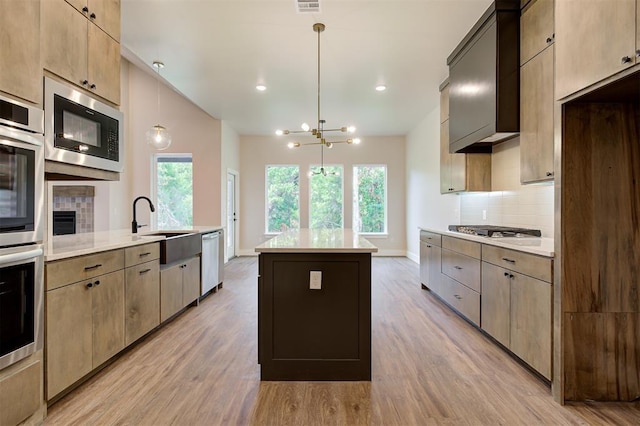 kitchen featuring light hardwood / wood-style floors, decorative light fixtures, appliances with stainless steel finishes, and sink