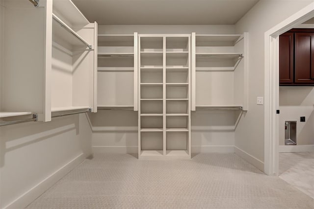 walk in closet with light colored carpet