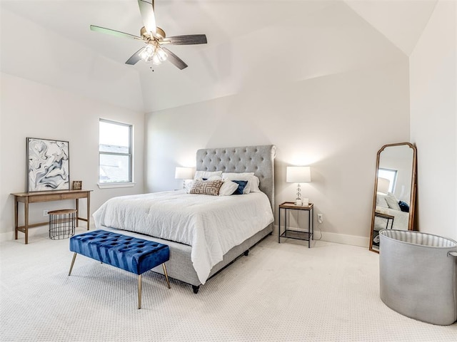 bedroom with lofted ceiling, carpet floors, and ceiling fan