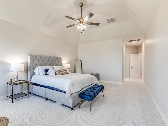 carpeted bedroom featuring lofted ceiling and ceiling fan