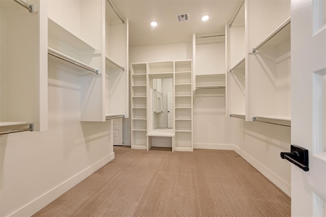 walk in closet with light colored carpet