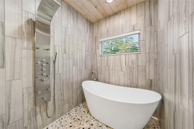 bathroom featuring wooden ceiling and separate shower and tub