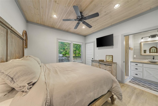 bedroom featuring ceiling fan, light hardwood / wood-style floors, access to outside, sink, and wooden ceiling